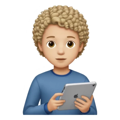 boy with short curly hair with tablet sticker