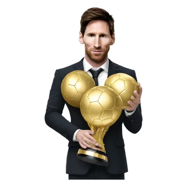Lionel Messi holding Ballon d’Or with a suit sticker