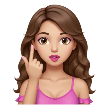 girl with long wavy brown hair, brown eyes, light to medium complexion, in a pink sexy top, pink lips, long lashes, silent motion with the hand one finger up by the mouth sticker