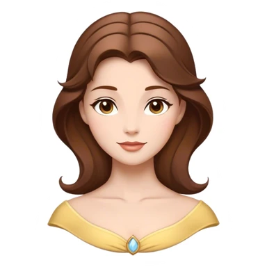 Cinematic Timeless Belle Portrait Emoji, rendered in a clean, vector style. Depict Belle with fair, luminous skin, beautifully arranged brown hair, and a serene, graceful expression, dressed in her classic attire. The design features bold, simplified shapes, a soft, enchanting glow, and a subtle glowing outline, capturing the essence of pure, timeless beauty. sticker