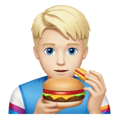 Young blonde man with white skin and blue eyes from LGBT community eating McDonald's hamburger, pride flag colors sticker