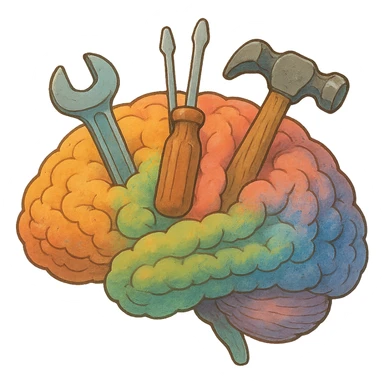 ghibli style colorful brain with tools inside sticker