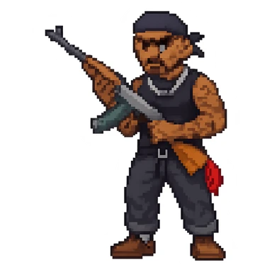 Make the person look like a gang member with visible tattoos and a tough expression, same pixel art style, no background. Please create in pixel art style. sticker
