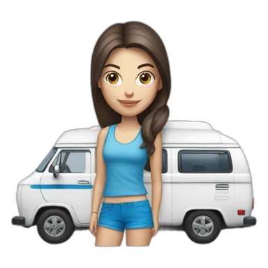 Hip white blue-eyed brunette woman with a sporty camper van sticker