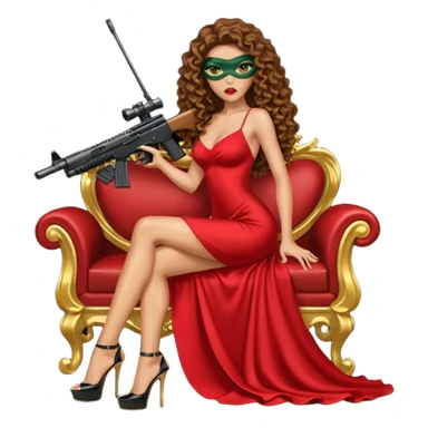 Drug dealer female green eyes symbol.  hair is brown curly long hair. sexy long with long red and black dress and face cover on that covers her mouth only. black stiletto platform high heels shoes on. Holding sniper rifle sitting on a gold throne. sticker