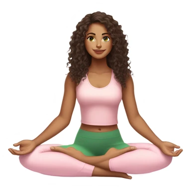 Dark brown long curly hair and green eyes yoga beautiful young woman in light pink pink pink clothes sitting on a yoga mat sticker