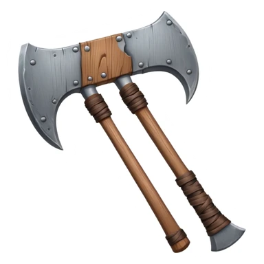 barbarian axe object icon, huge double-bladed axe, rough metal, wooden handle, leather wraps, fantasy style, 3D cartoon, mobile game icon style, centered, clean background, soft shadow, no text, no watermark
 sticker