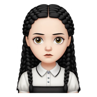 Draw Wednesday Addams with pale skin, black braids, white-collared dress & serious expression. sticker