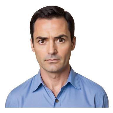 Man in his 40s with wide square face, marked jawline, full cheeks, looking incredulous with raised eyebrows, skeptical expression, medium dark brown eyes widened in disbelief, thick natural eyebrows, wide nose, mouth in a doubting smirk, short neat dark hair, wearing a blue button-up shirt sticker