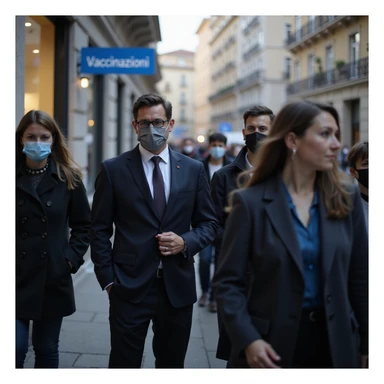 photo-realistic documentary style, group of people in business attire in line at a city vaccination center, some masked, clear 'Vaccinazioni' sign, urban background, soft light, 4K resolution sticker