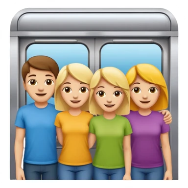 five happy people, mixed genders, friendly and close, inside subway car similar to Apple emoji subway with colorful exterior, wearing t-shirts in various light colors, Apple emoji style sticker