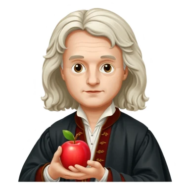 Isaac Newton wearing 17th-century aristocratic attire, hold an apple sticker