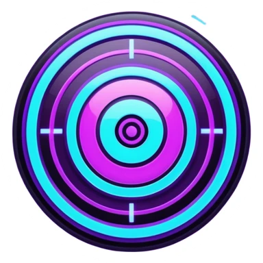 Futuristic glowing bullseye target emoji, neon purple and cyan holographic glow, dark background, digital tech style, abstract sparkles, no face. sticker