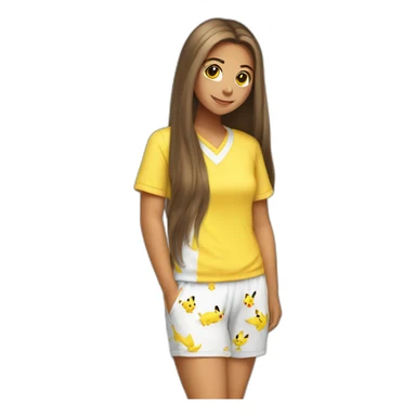 Brown straight long hair white woman wearing pikachu pyjama sticker