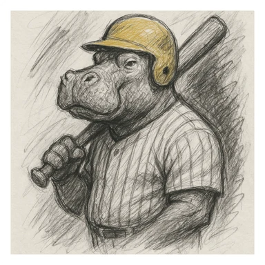 hippo holding a baseball bat, wearing a yellow helmet, pinstripes outfit sticker
