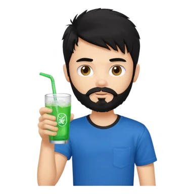generate a pretty bratz boy with a messy black hair, drinking sprite, bearded, blue tshirt sticker