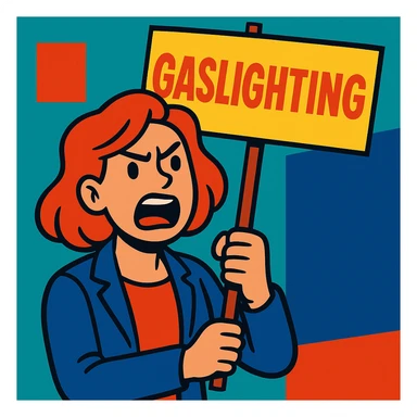 cartoon style woman holding a 'Gaslighting' sign, bold colors, expressive face sticker
