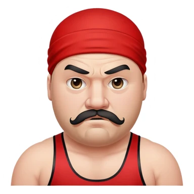 Close-up of very fat white skin guy with young face, beard and mustache, no muscle with prominent black durag, black eyes in a red and black wrestling singlet with angry face sticker