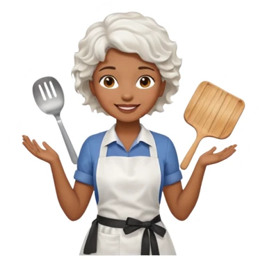 woman, brown skin, white short wavy hair, with apron sticker