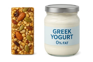 BARRETTA ENERGETICA E BARATTOLO DI YOGURT GRECO CON  LA SCRITTA "0% grassi" SULL'ETICHETTA  , ISOLATA SU SFONDO BIANCO sticker