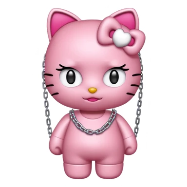 Hello Kitty with blockchain elements, chains and digital tokens, cute emoji style sticker