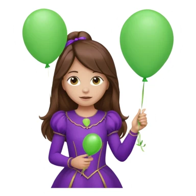 girl with long brown hair and purple costumes, holding green balloon sticker