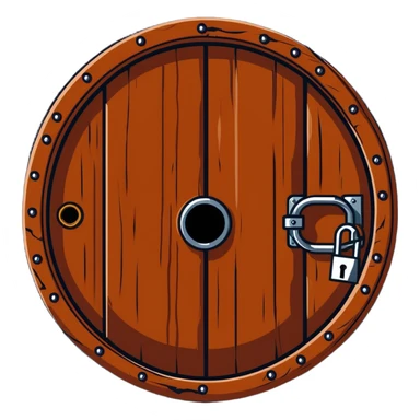 A rusty chain wrapped tightly around a round wooden hobbit-style door with a large padlock sticker