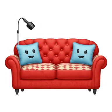 Red sofa with mic stand placed between two pilliwsy sticker