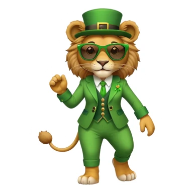 friendly anthropomorphised female lion dressed for St. Patrick's Day in green outfit with festive accessories, dark sunglasses, walking upright with confident stride sticker