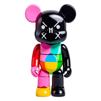 Bearbrick figure with classic KAWS crossed-out X eyes, colorful bear-shaped collectible toy with articulated limbs sticker