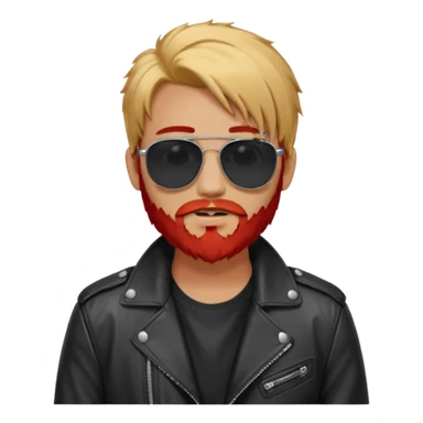 generate an ios genmoji of a 20 year old tan boy with black sunglasse Wearing a leather jacket. Has a dyed blonde beard and veryyyyy long red sticker