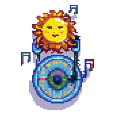 Add floating musical notes around the sun DJ in pixel art style with no background. sticker