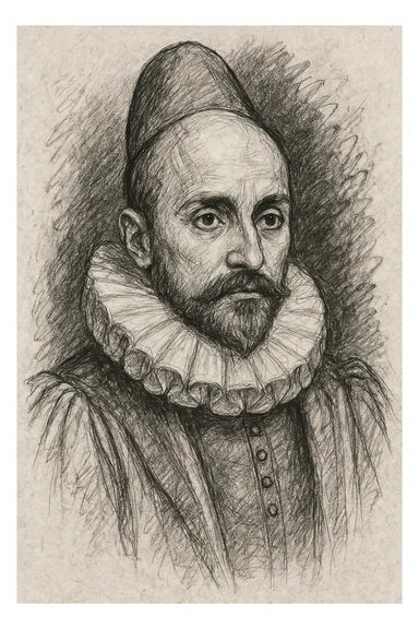 a hand drawn black outline portrait of philosopher Montaigne with similar-sized eyes based a famous portrait of him sticker