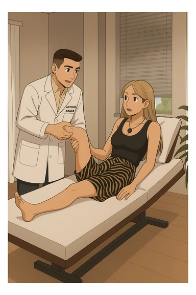 fai un webtoon/manga a colori con questo kinesiologo in camice bianco (fagli la scritta "ANTONIO ANANIA" SUL CAMICE) CHE SVOLGE UN TEST NEUROMUSCOLARE SOLLEVANDO UNA GAMBA ALLA RAGAZZA CHE è STESA SU UN LETTINO BIANCO. STANZA SEMPLICE E MODERNA, DURANTE IL TEST I DUE DIALOGANO TRA LORO. NON FARE I FUMETTI, FAI SOLO LORO COME SE DIALOGASSERO sticker