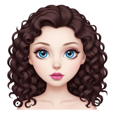 beautiful girl with big blue eyes, long lashes, pale skin, nice pink lips, and long & voluminous dark brown curls. she has baddie energy. we see her whole head down to her chest sticker