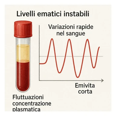 realistic medical illustration showing a blood test tube and a graph with rapidly rising and falling curves, representing 'Livelli ematici instabili' and 'Emivita corta'. Include Italian text in the image: 'Livelli ematici instabili', 'Emivita corta', 'Variazioni rapide nel sangue', 'Fluttuazioni concentrazione plasmatica'. Clear and informative style. sticker