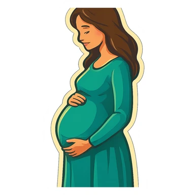 pregnant woman half-length portrait, in long dress, standing sideways, holding belly, face and head fully in frame, retro stickers style, soft rounded shapes, expressive contours, vintage color palette, light paper texture, shadows and highlights, transparent background sticker