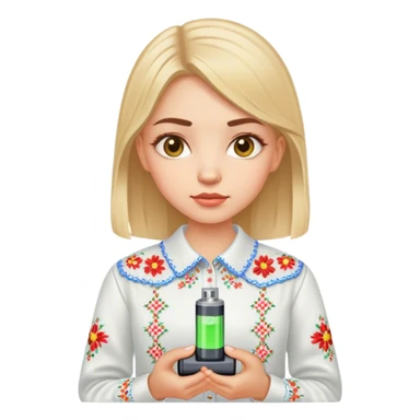 A Ukrainian girl in an embroidered shirt holds a battery sticker