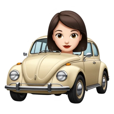 Pretty, sexy, slightly curvy white woman with short dark brown hair, beside a VW beetle sticker