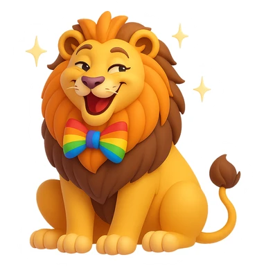 Make the proud and posh lion funny and flamboyantly gay, featuring a rainbow bowtie, sparkles, and a playful expression, in the style of 3D emoji with no background. sticker