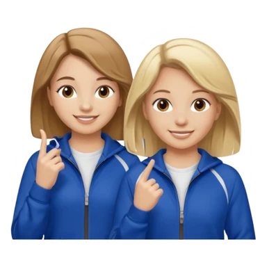 two girls smiling one has blond hair and one is has brown hair they are wearing royal blue track suits sticker