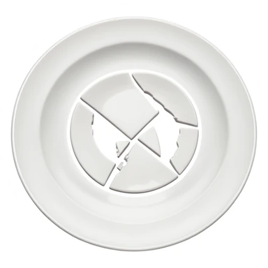 a broken rounded white plate, several piece separated sticker