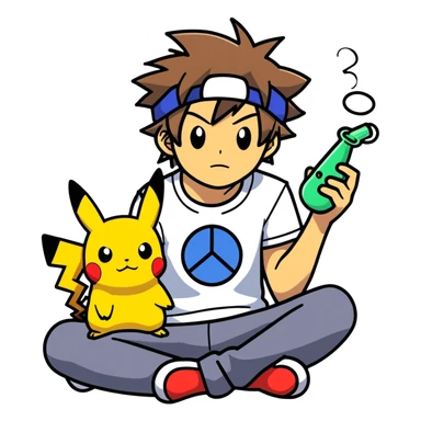 21 yo Handsome Ash Ketchum using a bong with picachu on his head sticker