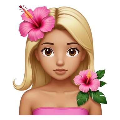 tan girl with blonde hair and brown highlight streaks with a hibiscus flower in her hair wearing a pink tube top with tan lines showing sticker