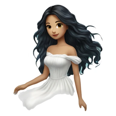 Pretty young Lady doll posing posed pose with long black hair flowers in hair white dress surrounded by flowing water sticker