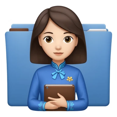 Teacher emoji but : wavy dark brown hair, light skin, no glasses, dark eyes, with a computer folder in the hand, being a teacher, wearing a chinese qipao (brown & blue) 

 sticker