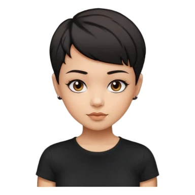 A girl with black short pixie haircut cut, dark brown eyes that almost look like black, caramel tone skin colour. Wearing a black t-shirt.  sticker