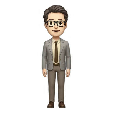 Full height Pale skinned Fit Man With dark brown hair in gray jacket, beige office shirt, tie, Brown pants and vintage glasses. Thrumbs of his palms directed up sticker