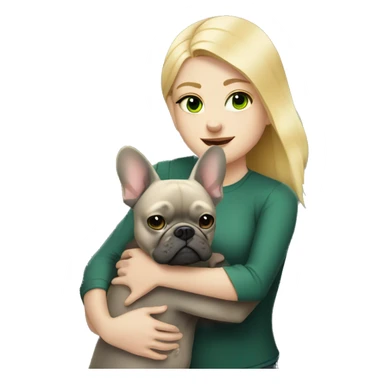 A blonde girl with green eyes with a square hugs a dark gray French bulldog sticker
