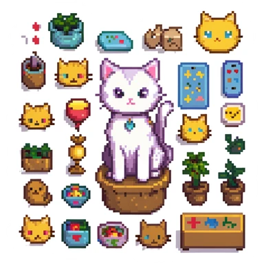 pixel art kitty surrounded by emoji sketches, playful scene sticker